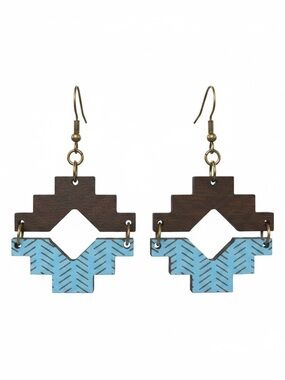 Geometric Aztec Wooden Drop Earrings in Brown and Blue Design on front/back